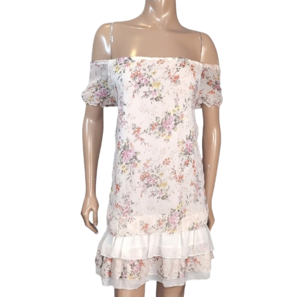 Floral Off Shoulder Chiffon Dress Ribbon Tie Tiered Ruffed Shift Spring